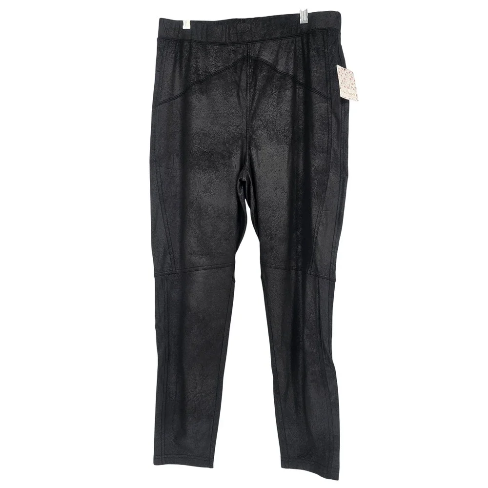 Free People Rio Vegan Faux Leather Crackle Pants Legging L Black Moto Baddie NWT